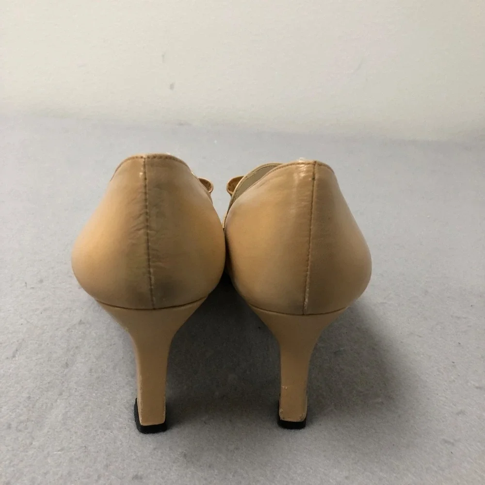 Vintage Apart Leather Pumps Womens 8.5 Beige Bow‎ Square Toe Business Career
